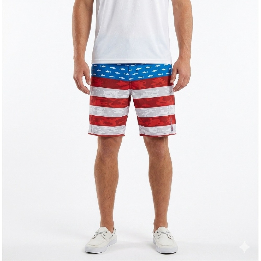 Pelagic Board Shorts Size 38 Fish Flag American Flag Fishing Trunks Patriotic